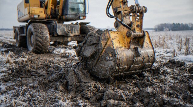 A close-up shot of a yellow excavator bucket filled with mud working in a field during winter, with snow patches visible on the ground.