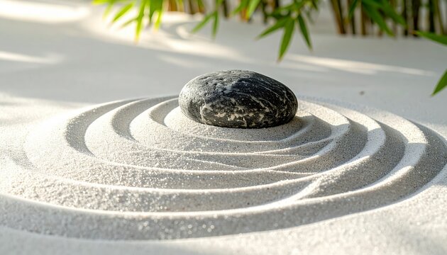 Black Stone Resting in Raked Sand Garden Creating a Peaceful Zen Atmosphere
