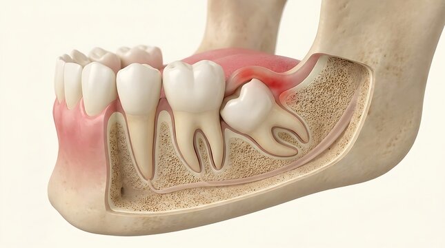 Impacted wisdom tooth with inflamed gum and bone structure