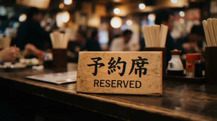 Fotobehang Horeca A close-up shot of a wooden reserved sign on a restaurant table in a busy, blurred Japanese dining setting.  © dang