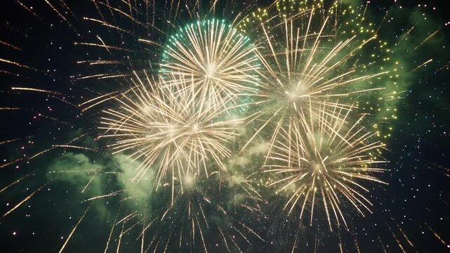 Brilliant fireworks illuminate the dark night sky with dazzling bursts of light, creating a spectacular pyrotechnic display for a festive celebration