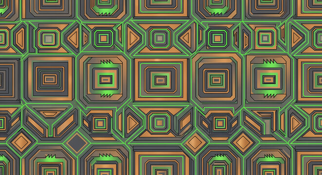 Abstract geometric pattern with repeating square shapes and green and bronze metallic color scheme.