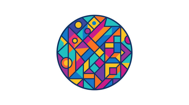Circular abstract mosaic with vibrant geometric elements graphic.
