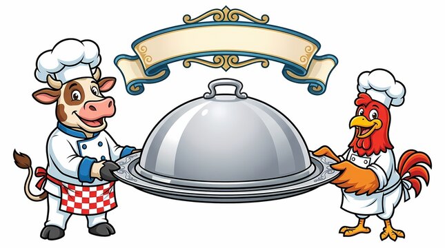 Cartoon cow and chicken chefs holding a serving platter.
