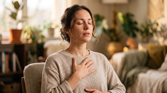 Inner Peace Meditation: A woman finds solace and calm through mindful breathing, her hand resting gently on her chest in a moment of profound self-connection.