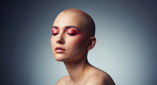 Stunning portrait of bald young woman with closed eyes wearing vibrant red eyeshadow and soft blush against minimalist studio grey backdrop.