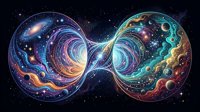 Abstract infinity symbol with galaxies and planets in deep space