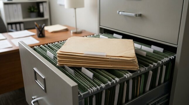 Consent verification folder stack resting inside an open filing cabinet drawer, Environmental Interior Shot &ndash; Hospital Surgical Safety Checklist Stock Photo