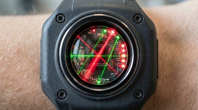 Pre-op verification wristband scanner close-up showing an optical lens window, Macro Close-Up &ndash; Hospital Surgical Safety Checklist Stock Photo