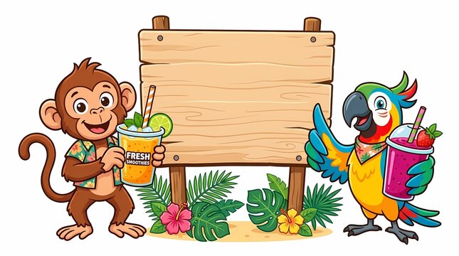 Cute cartoon monkey and parrot with tropical drinks and blank wooden sign.