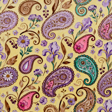 Thick Oil Painting Paisley Iris Floral Repeat Pattern Cream Background