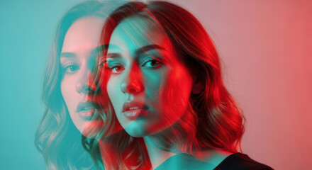 Fototapeta premium Stunning young woman with wavy hair looking at camera under vibrant red and teal dual lighting effect in studio portrait for creative projects.