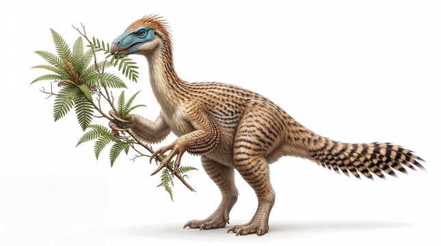 Photorealistic Nothronychus graffami holding and eating vegetation from a branch, isolated on white background, showing natural feeding behavior and scientifically accurate reconstruction.