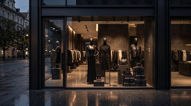 Luxury fashion boutique window display at dusk with mannequins and clothing