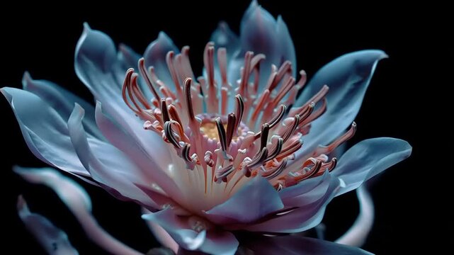 Flower bloom with delicate blue petals and a textured center stands against a dark background.