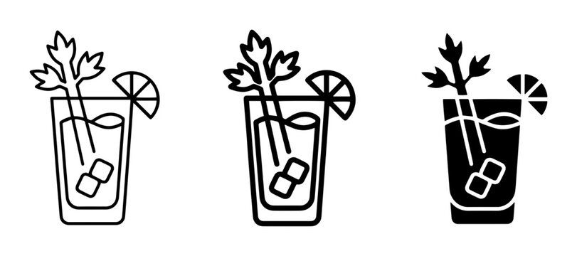 Cocktail Icons, Bloody Mary Glass, Celery Garnish, Lime Slice, Ice Cubes, Bar Drink Vector Set
