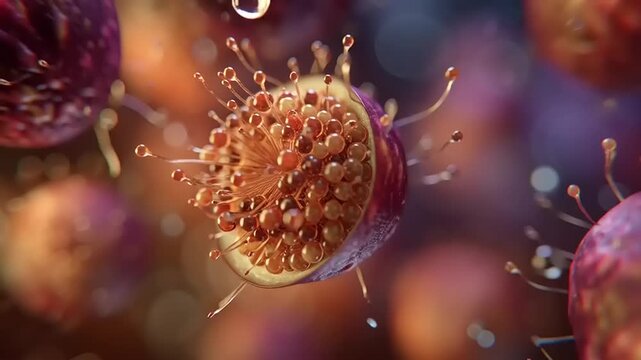 Microscopic biological structures float in a dark void while emitting soft light from their centers.