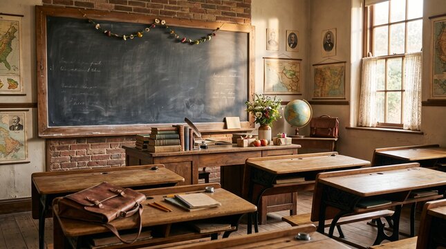 Vintage Classroom Scene with Old Desks and Blackboard