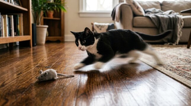 Black and white cat playing with a toy mouse on a wooden floor.