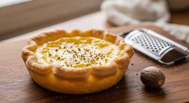 Small savory quiche tart with grated cheese on rustic wooden board