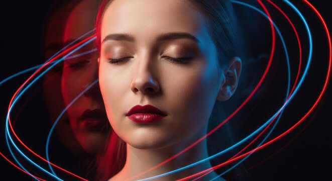 Young woman with closed eyes in a meditative state, surrounded by glowing red and blue light trails.