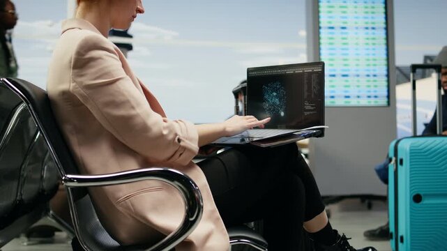 Businesswoman uses AI and machine learning systems on a laptop at the airport, working with autonomous technology and big data during a business trip.