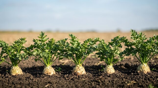 A row of several root celery plants visibly growing in the soil representing agriculture farming and the growth of vegetables. root celery growing row of several root celery plants growing