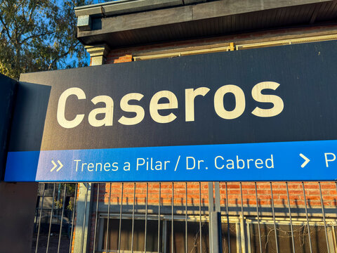 Caseros Station, railway sign with morning sunlight - Buenos Aires Argentina