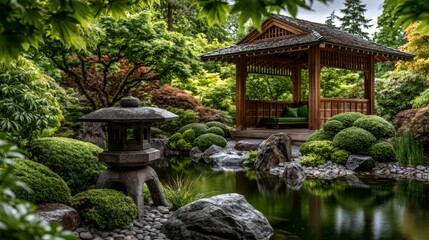 Fototapeta premium Serene Botanical Garden with Japanese Pavilion and Peaceful Water Feature