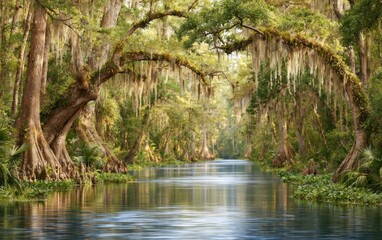 Obraz premium Serene Freshwater Swamp Surrounded by Ancient Trees in a Tranquil Landscape Scene