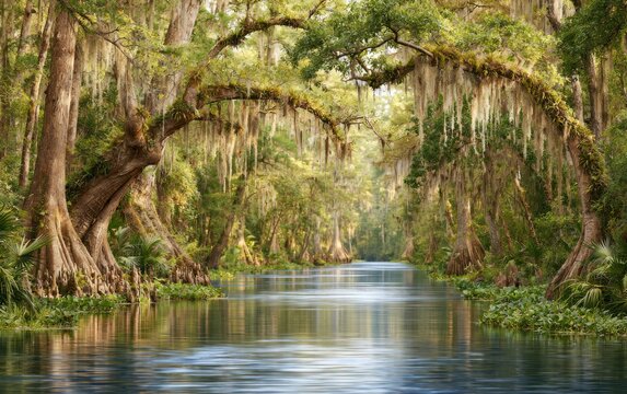 Serene Freshwater Swamp Surrounded by Ancient Trees in a Tranquil Landscape Scene