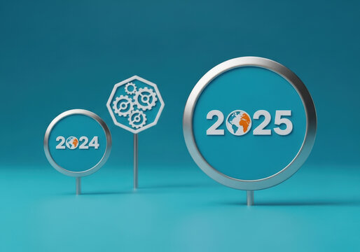 Three dimensional circular signs displaying twenty twenty four and twenty twenty five with gear icon representing transition towards future growth.