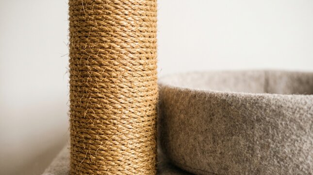 Close up of a sisal rope scratching post and a felt cat bed