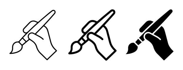 Artist hand holding paintbrush icon set for art and design, outline, solid and color styles, white background © Safin