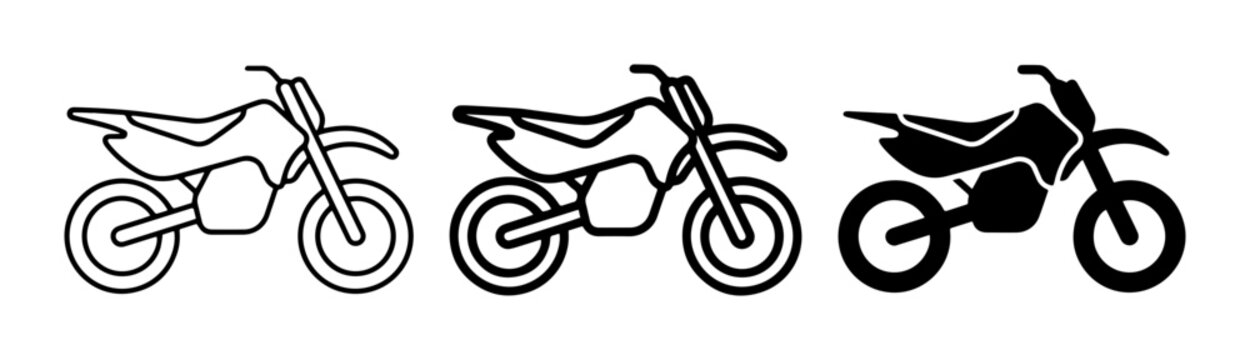 Dirt bike icon set for extreme sports and racing outline, solid and color styles, white background