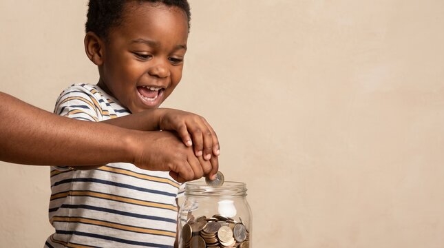 Happy young boy putting coins into a glass jar for saving money