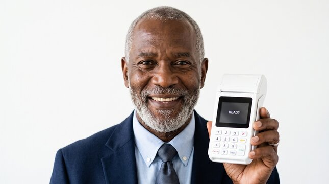 Smiling older man in suit holding a credit card reader device