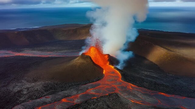 Coastal land creation during active volcanic eruption at sea edge
