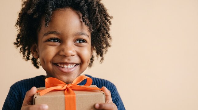 Joyful young child with curly hair holding a gift box with orange ribbon