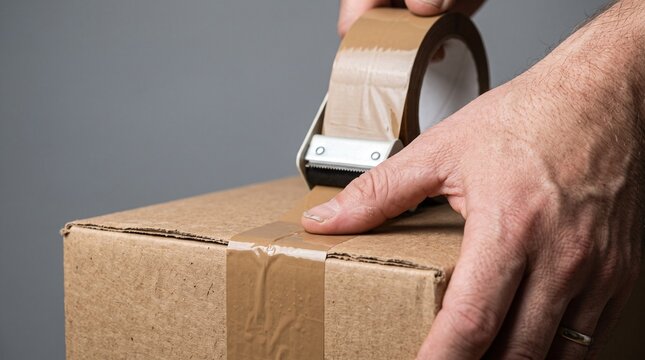 Hands sealing a cardboard box with packing tape dispenser