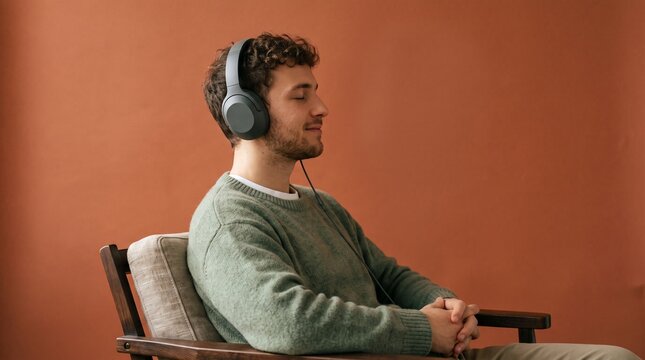Man with headphones enjoying music with eyes closed in a chair