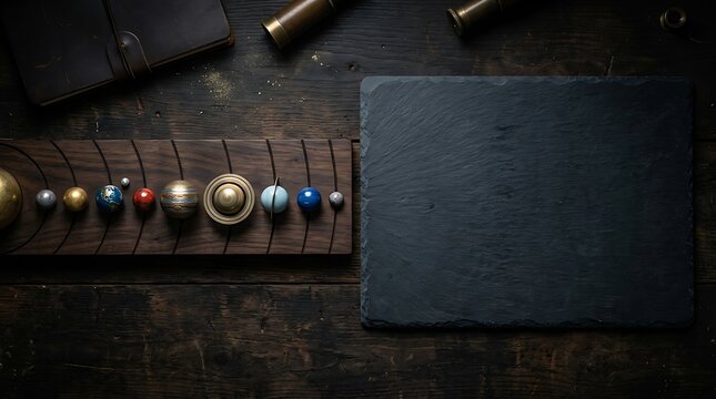 Top down view of metallic solar system planet models next to blank slate board