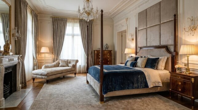 Elegant classic bedroom with four-poster canopy bed.