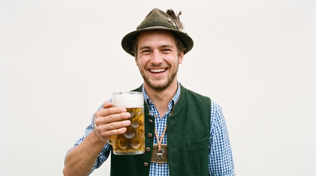 Smiling Man in Traditional Bavarian Clothing Holding a Large Beer Mug