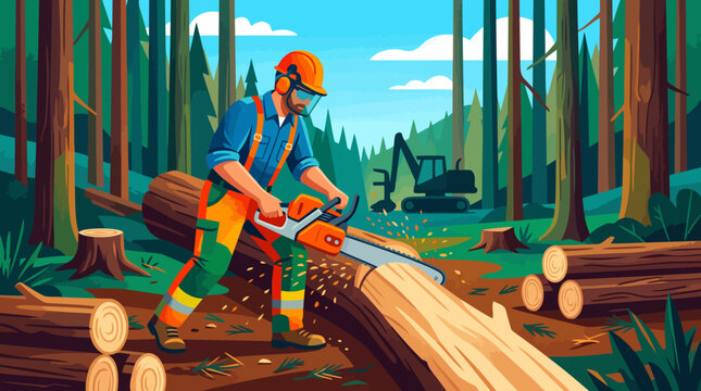 Lumberjack cutting a large log with a chainsaw in a forest.