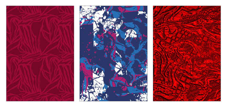 Triptych of three modern fabric patterns: an embossed organic grey panel, an expressive green and mustard splatter design,