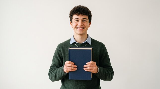 Young man with curly hair holding a blue book smiling against a white background