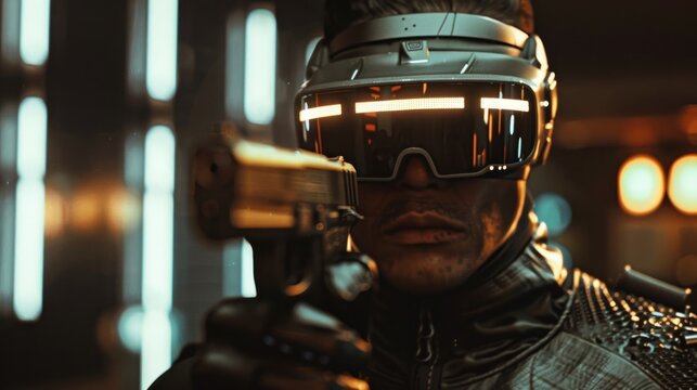 Man in vr headset aiming a gun