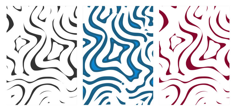 Set of abstract marble liquid line background vectors in black, blue, and red colors with wavy organic contour patterns for modern cover design, stylish poster templates, and prints.