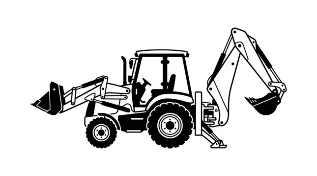 Black and white backhoe loader vector illustration.